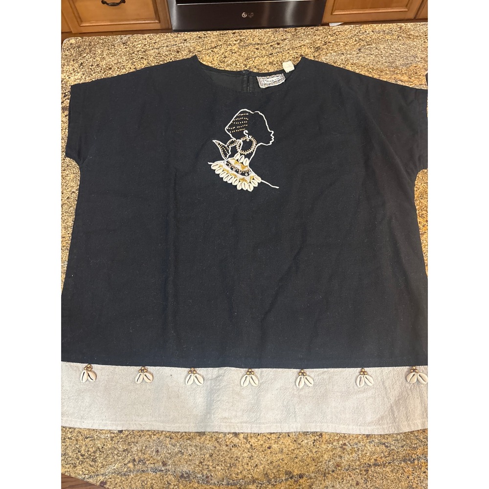 Molato Black Linen Blend Cowrie Shell Embroidered Afrocentric Boxy Top OS